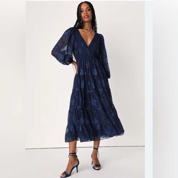 Lulus Blissful Darling Navy Blue Burnout Floral Jacquard Midi Dress size small - Picture 1 of 7